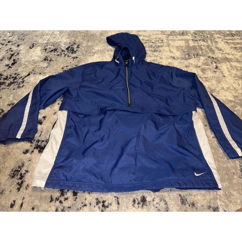 VTG Y2K Nike Jacket Blue White Pullover Packable Hood‎ Wind Mens Sz XL X-Large